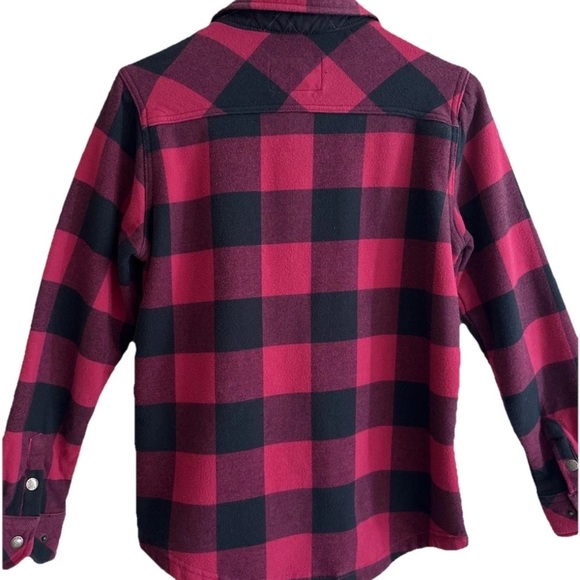 Orvis Snap Down Flannel Shirt Jacket Womens Medium Pink Navy Plaid Fleece Lined - Picture 4 of 8